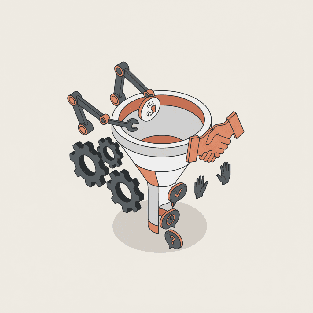 Isometrische illustratie van een geautomatiseerde studentenwervingsfunnel met geïntegreerde menselijke contactmomenten, terracotta palet